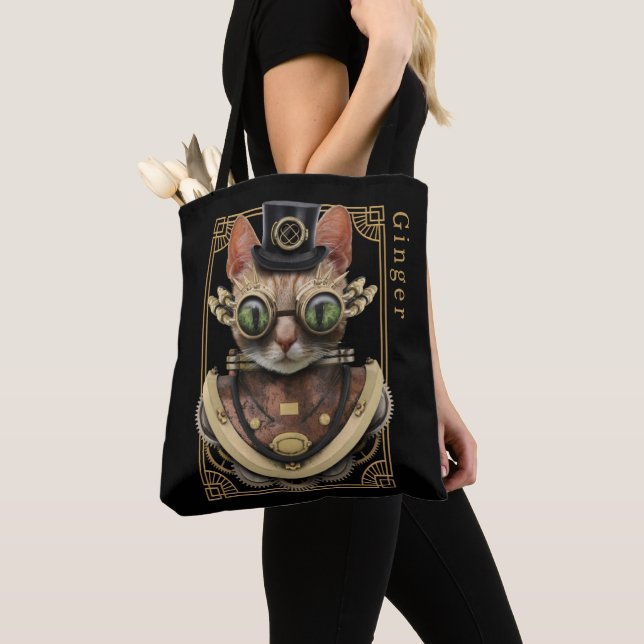 Tote Bag Cool Steampunk Orange Tabby Chat avec nom (De près)