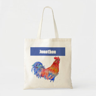 Tote Bag Coq Poulet Oiseau Enfants Garçons Nom Bleu Rouge