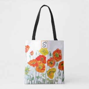 Tote Bag Coquelicot orange rouge jaune aquarelle initiale p