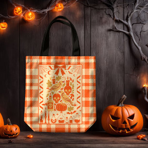 Tote Bag Coquette Orange Folk Art Plaid