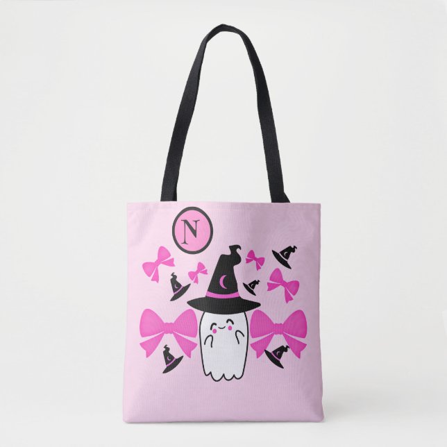 Tote Bag Coquette Pink Halloween Witchitt Ghost Monogramme (Devant)