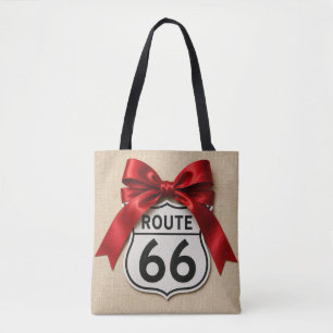 Tote Bag Coquette Route 66 Ruban Satin Rouge Faux Lin