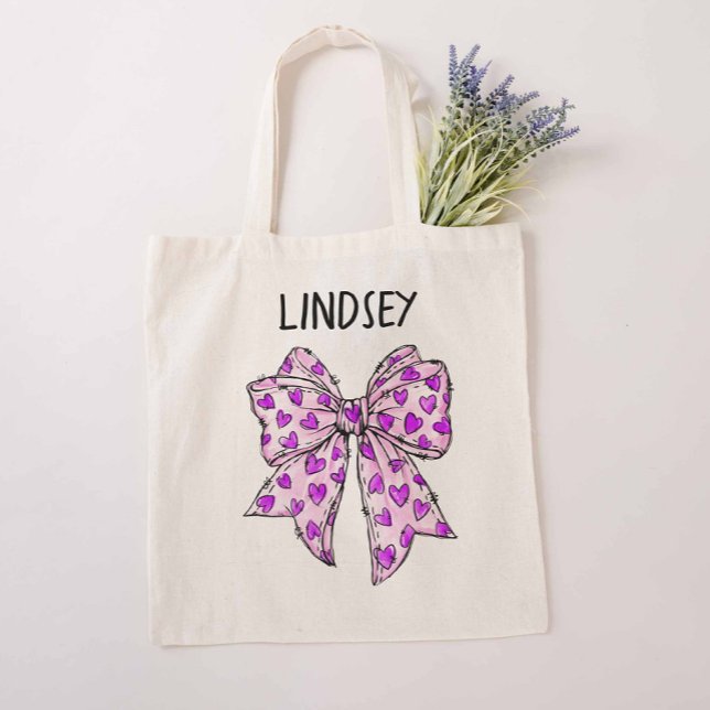 Tote Bag Coquette Whimsical Bow Lavender et Coeurs pourpres (Purple Coquette Tote Bag)