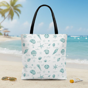 Tote Bag Coquillages Étoiles de mer Soleil Fun Texte Bleu t