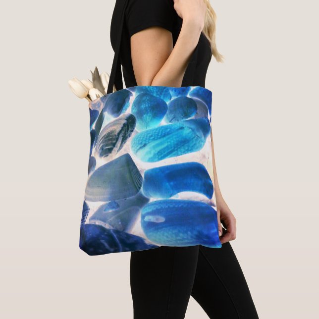 Tote Bag Coquille d'huîtres de mer, couleurs changées bleu  (De près)