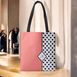 Tote Bag Corail élégant avec Pois noirs et monogramme