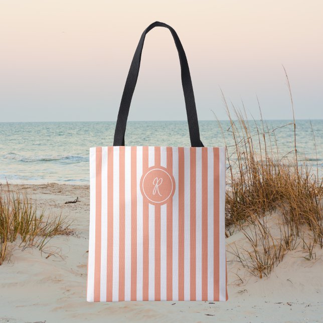 Tote Bag Coral French Beach Stripe Monogramme personnalisé (Créateur téléchargé)
