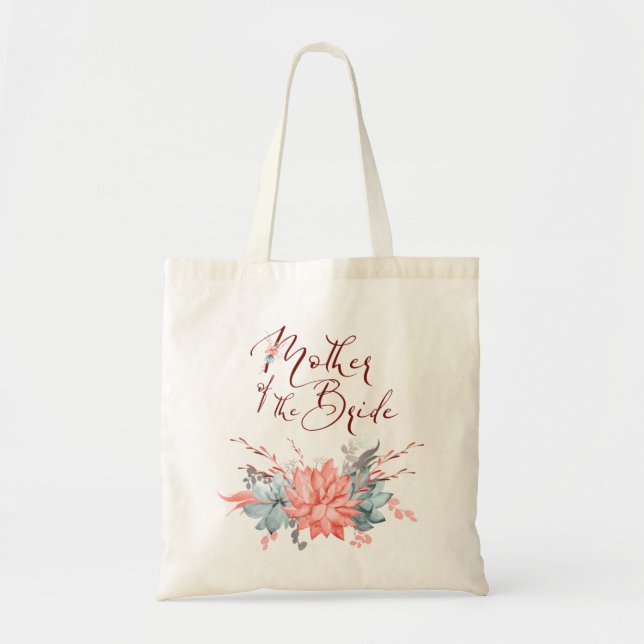 Tote Bag Coral Grey Succulent Floral Mère de la mariée (Devant)