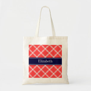 Tote Bag Coral Red Fancy Quatrefoil Navy
