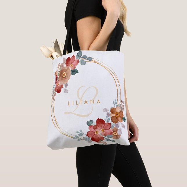 Tote Bag Coral Sienna Aquarelle Florale Monogramme Wreath (De près)