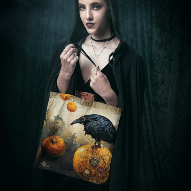 Tote Bag Corbeau sur Citrouille (Spooky raven sitting on a pumpkin tote.  Halloween addition for trick or treating. )