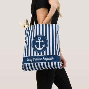 Tote Bag Corde d'ancre nautique rayures bleu marine personn