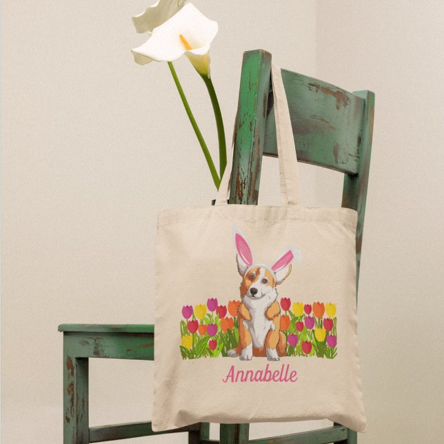 Tote Bag Corgi Pâques Fleurs de lapin mignonne Personnalisé (Créateur téléchargé)