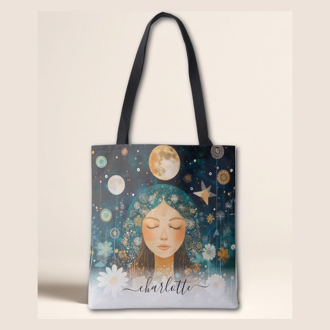 Tote Bag Cosmic Girl Boho Moon & Daisy Illustration Custom (Cosmic Girl Boho Moon & Daisy Illustration Custom Tote Bag)