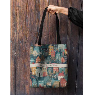 Tote Bag Cosy Hygge Village Nordic Folk Art, personnalisé