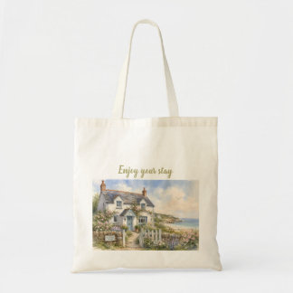 Tote Bag Cottage de bord de mer personnalisé à l'aquarelle