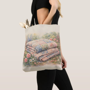 Tote Bag Cottagecore Courtepoint Fleuri en Patchwork Aquare