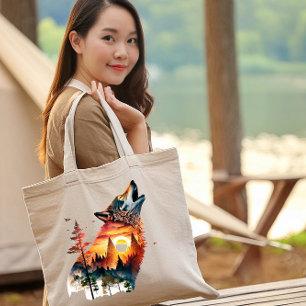 Tote Bag Coucher de soleil à double exposition loup hurlant