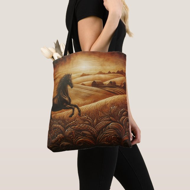 Tote Bag Coucher de soleil du ranch en cuir (De près)