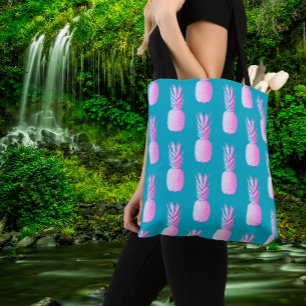 Tote Bag Couleur bleu des Caraïbes Ananas roses colorés