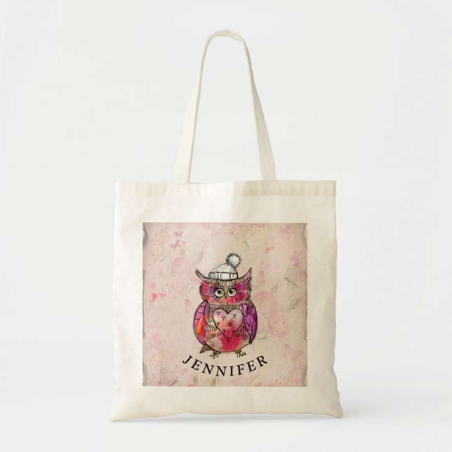 Tote Bag Couleur d'eau mignonne Chouette motif floral (Devant)