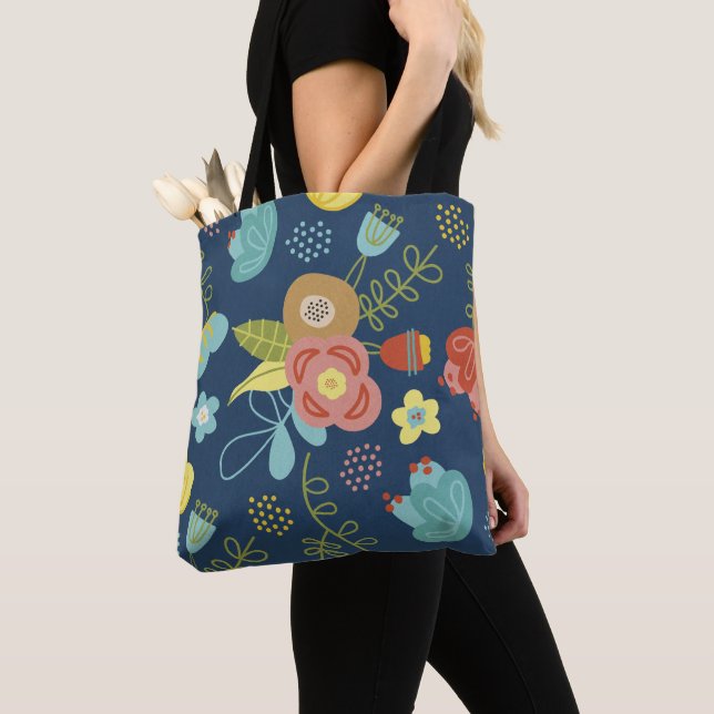 Tote Bag Couleur mignon motif floral bleu foncé (De près)