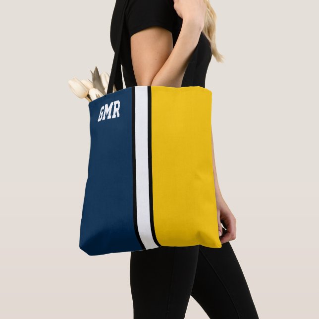 Tote Bag Couleurs du collège Bleu foncé et maïs Monogramme  (De près)
