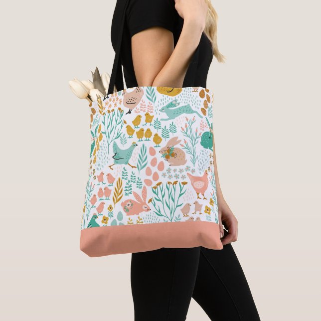 Tote Bag Couleurs pastel Pâques Poulets Fleurs Motif (De près)