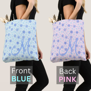 Tote Bag Couleurs roses et bleues 2 côtés Snowflakes Monogr