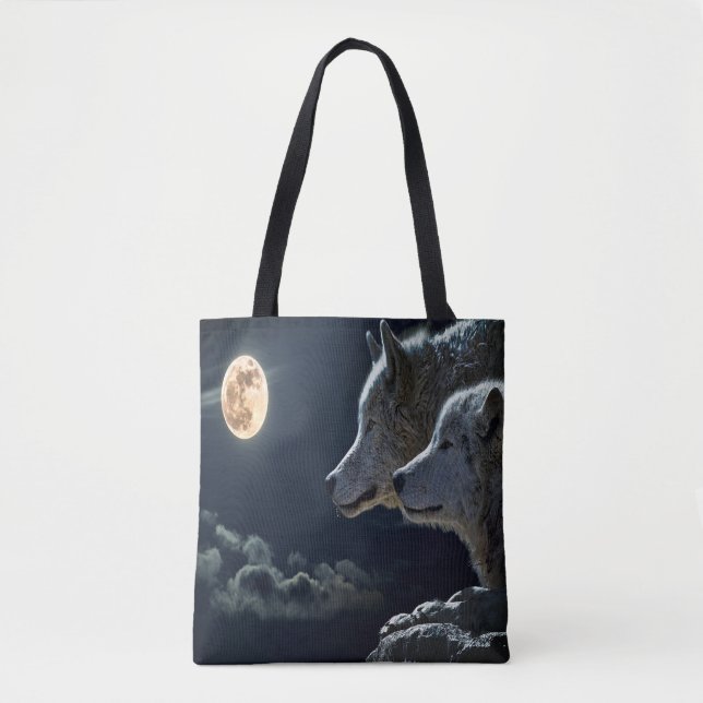 Tote Bag Couple de loup de nuit sur la Lune (Devant)
