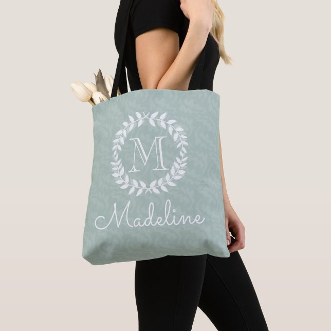 Tote Bag Couronne botanique verte élégante avec monogramme  (De près)