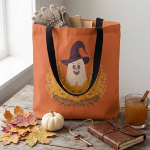 Tote Bag Couronne d'automne de fantôme mignon et de citroui