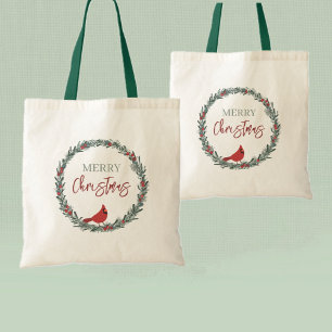 Tote Bag Couronne de baies rouges et cardinal rouge de Noël