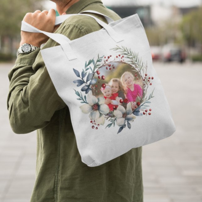 Tote Bag Couronne de Noël, fleurs blanches, baies rouges ph (Créateur téléchargé)