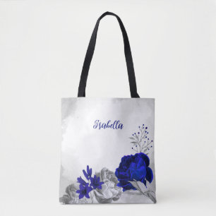 Tote Bag couronne florale bleue royale argentée 