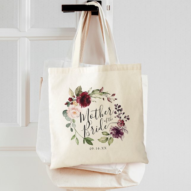 Tote Bag Couronne florale Bourgogne Blush Mère de la mariée (Floral Wreath Burgundy Blush Mother of the Bride Tote Bag)