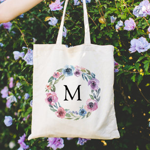 Tote Bag Couronne florale élégante rose et violet Monogra