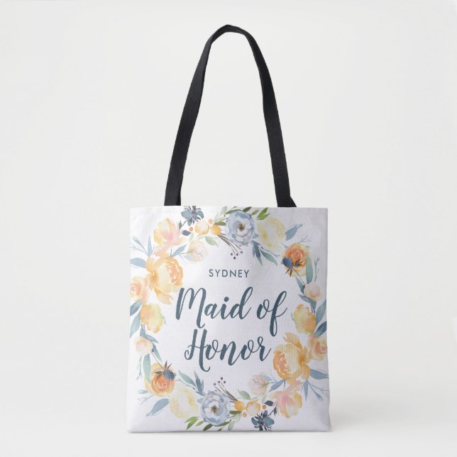 Tote Bag Couronne florale Monogrammée Maid d'honneur (Devant)