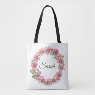 Tote Bag Couronne florale rose et verte personnalisée