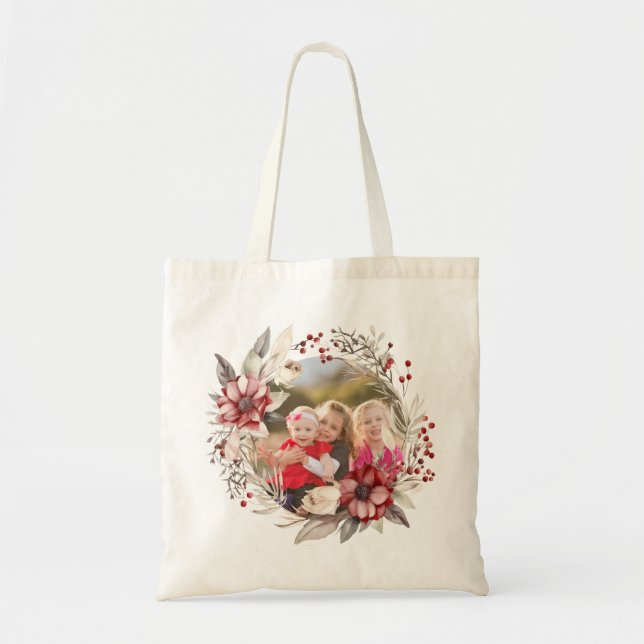 Tote Bag Couronnes de Noël, fleurs rouges et baies (Devant)