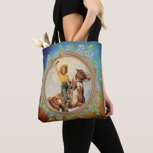 Tote Bag Cow-girl vintage sur le cheval avec des fleurs de