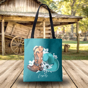 Tote Bag Cowgirl cowboy bottes casquette turquoise nom brun
