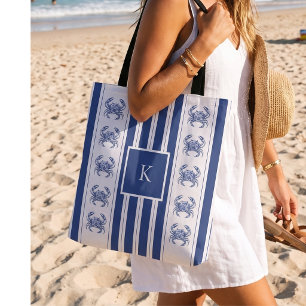 Tote Bag Crabe Bleu Monogramme Nautical Coastal