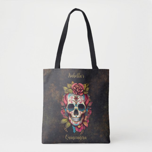Tote Bag Crâne à sucre floral Quinceanera Anniversaire (Devant)