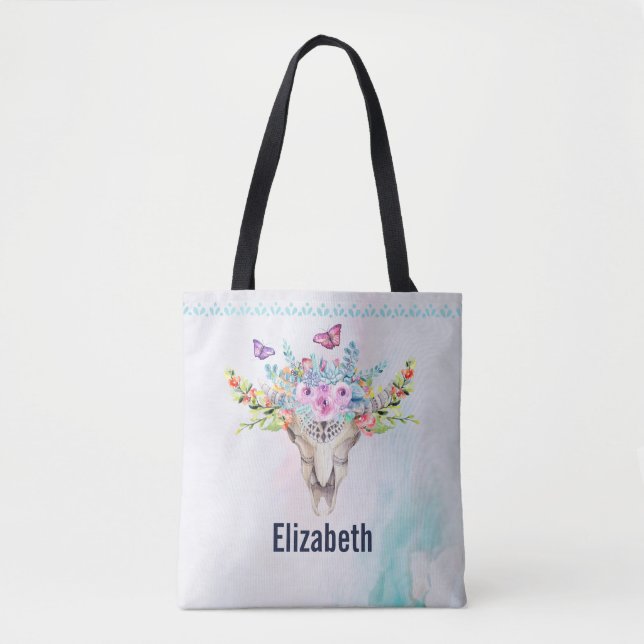 Tote Bag Crâne animal Boho avec papillons et fleurs (Devant)