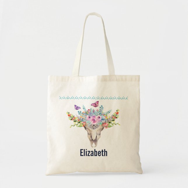 Tote Bag Crâne animal Boho avec papillons et fleurs (Devant)