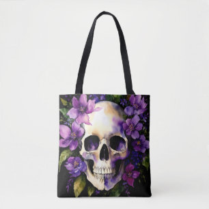 Tote Bag Crâne aux fleurs violettes Goth Aquarelle