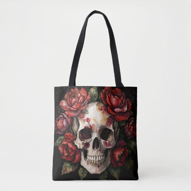 Tote Bag Crâne aux roses rouges (Devant)