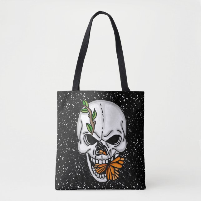 Tote Bag Crâne avec papillons Monarque Arrière - plan noir (Devant)