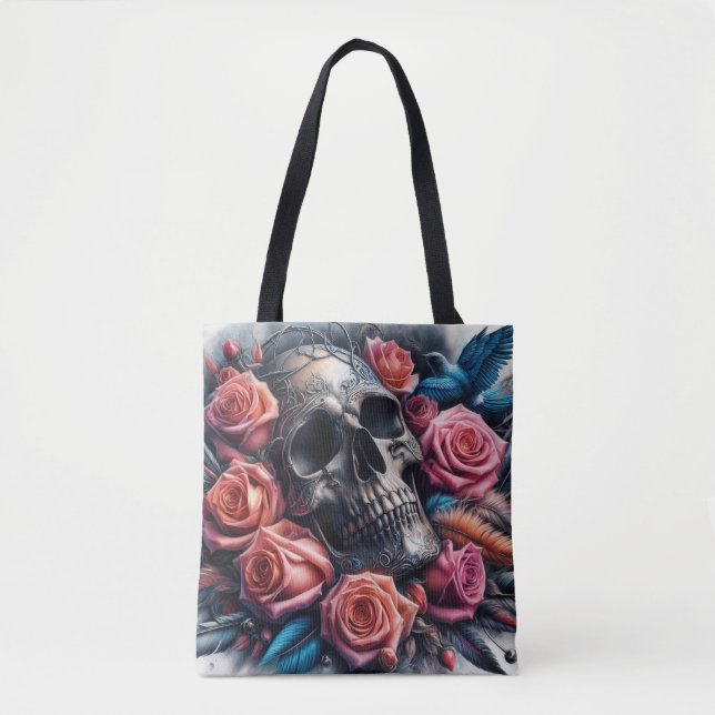 Tote Bag Crâne avec Roses et Bluebird (Devant)